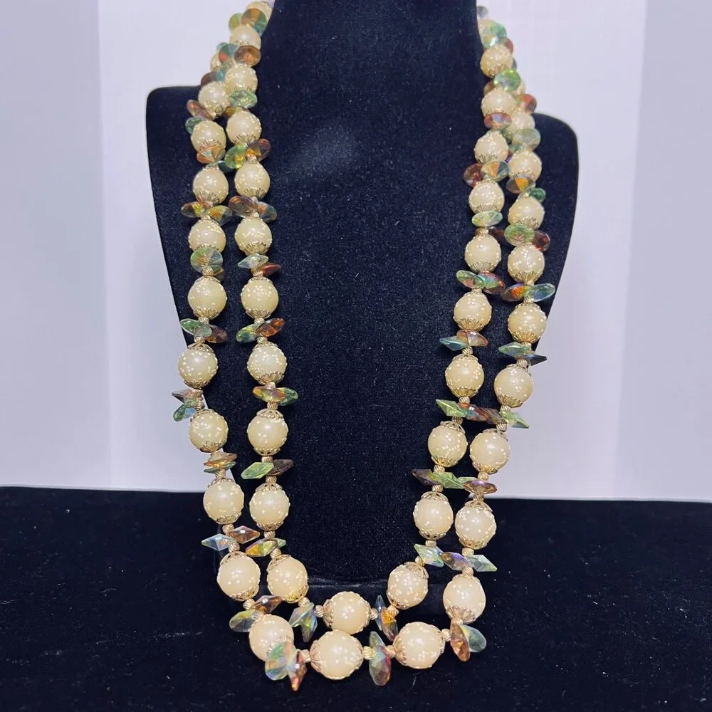 Vintage Double Strand Sugared Bead And AB Rhinestone Necklace (6120) - Picture 2 of 9